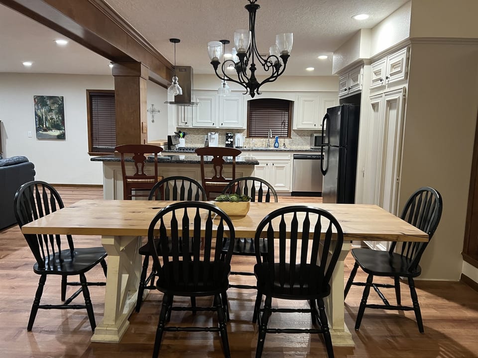 View from front door.Beautiful handcrafted farmhouse table built by owner.