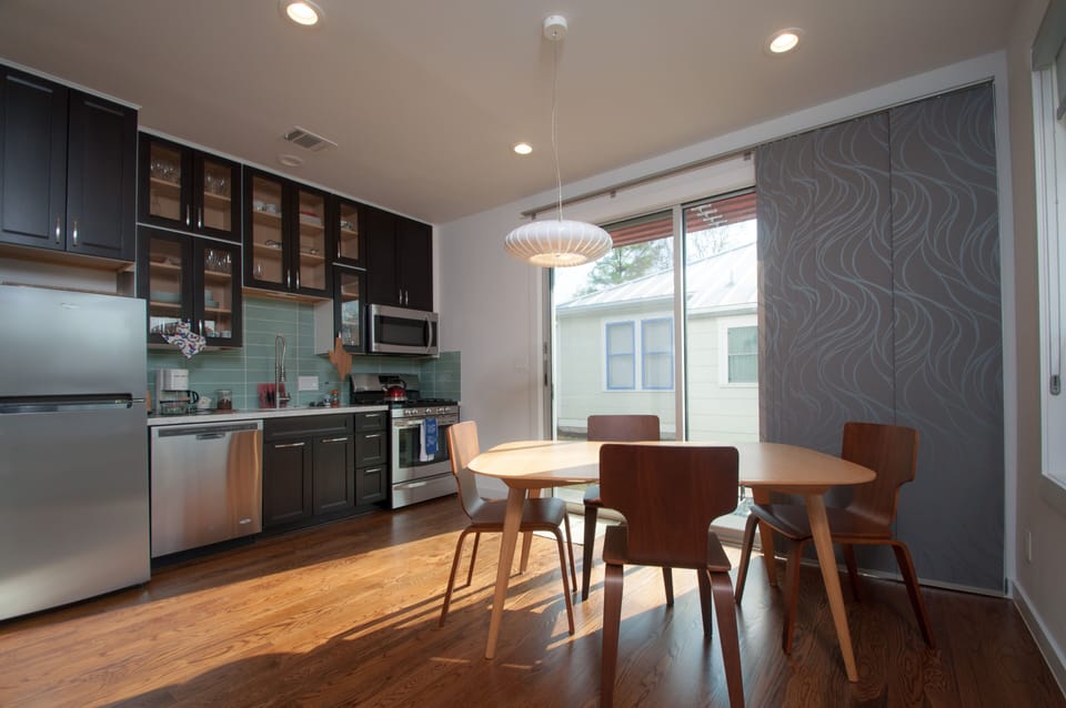 Sliding glass picture doors, with designer privacy blinds