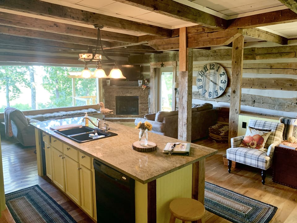 Amazing view of lake and cozy open concept living room