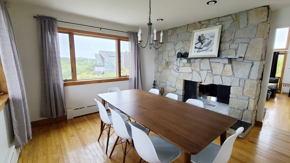 Dining room with table seating eight