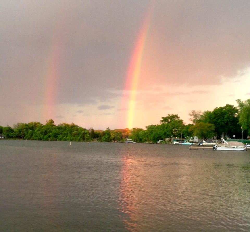 double rainbow over Browns Lake while enjoying a canoe ride