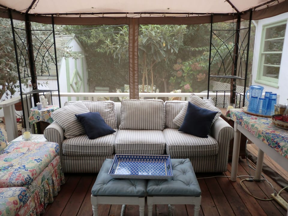 Outdoor-Lighted Gazebo with Pull-Out Queen Sofa Bed, Love Seat, Buffet& Ottomans