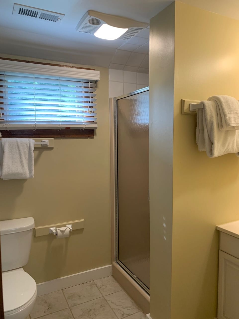 Hair dryer, towels, toilet paper