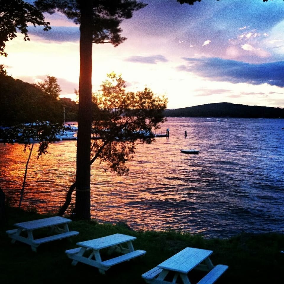 picnic tables at marina