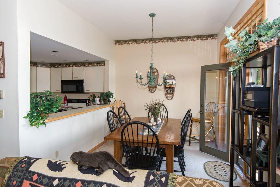 Looking into our dining room with the kitchen on the left and deck to the right!