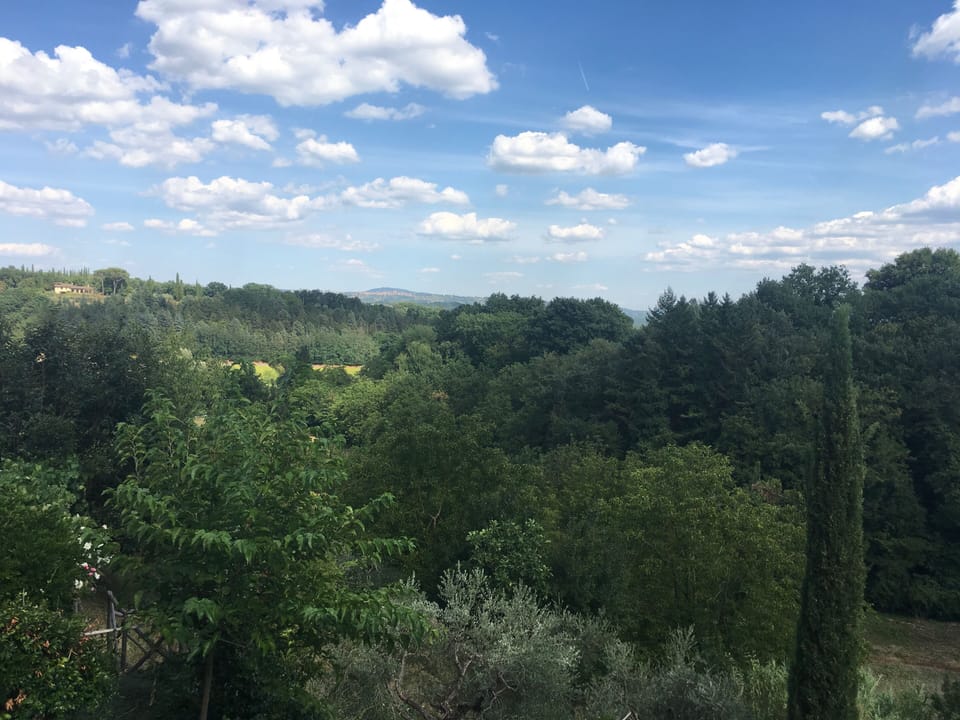 View from the terrace. The silhouette of Città della Pieve on the horizon.