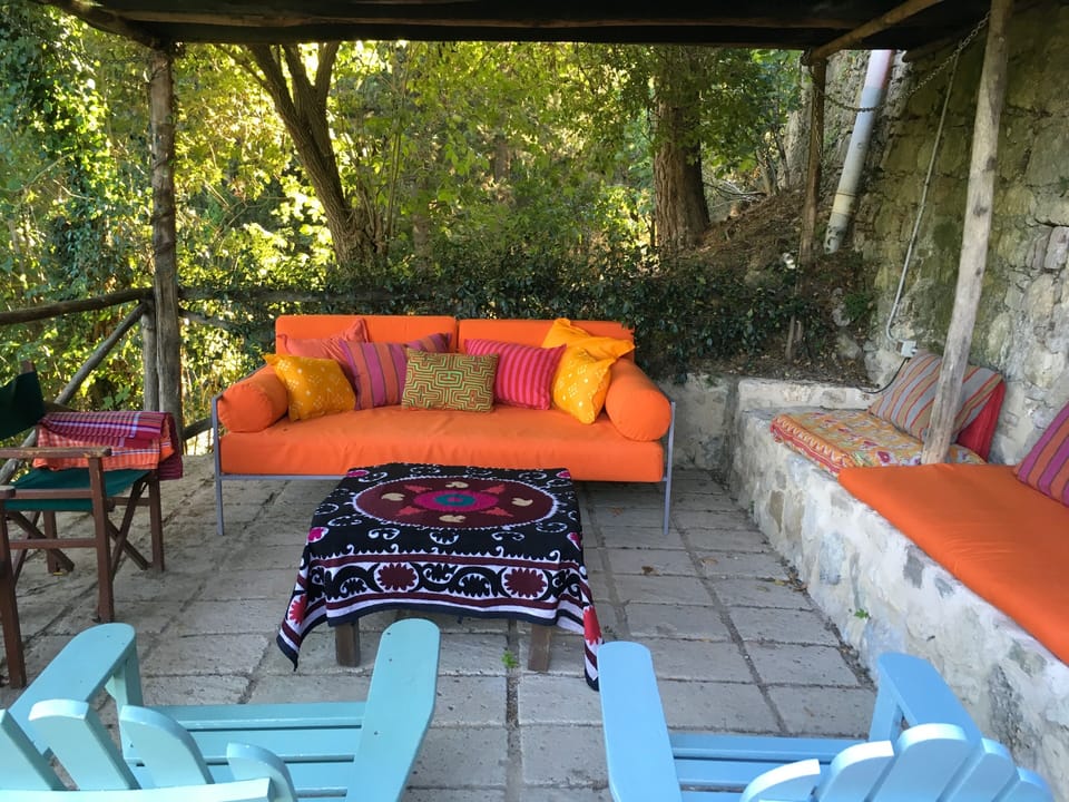 A shaded lounge area in the garden.