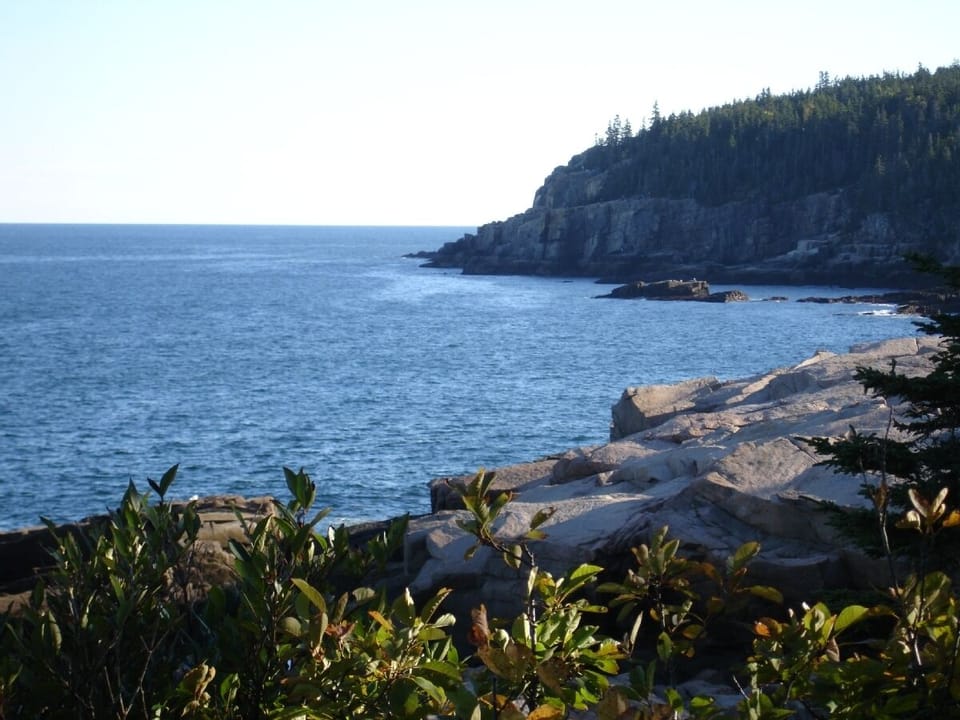 Views of coastline and Otter Cliffs from the Acadia National Park loop road.