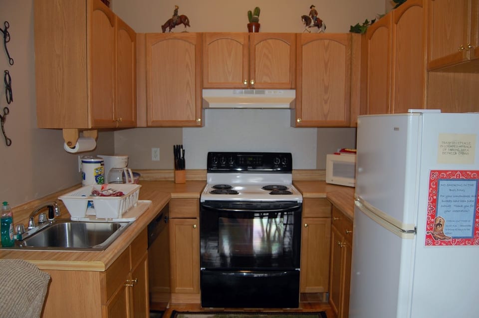 Coffee/tea maker, fridge, microwave, oven