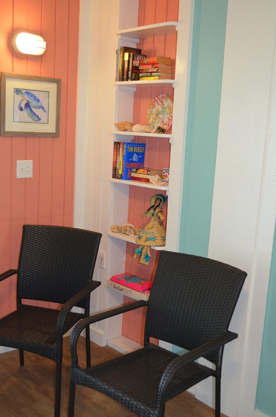 Adequate seating for four, inside and outside on the covered porch.