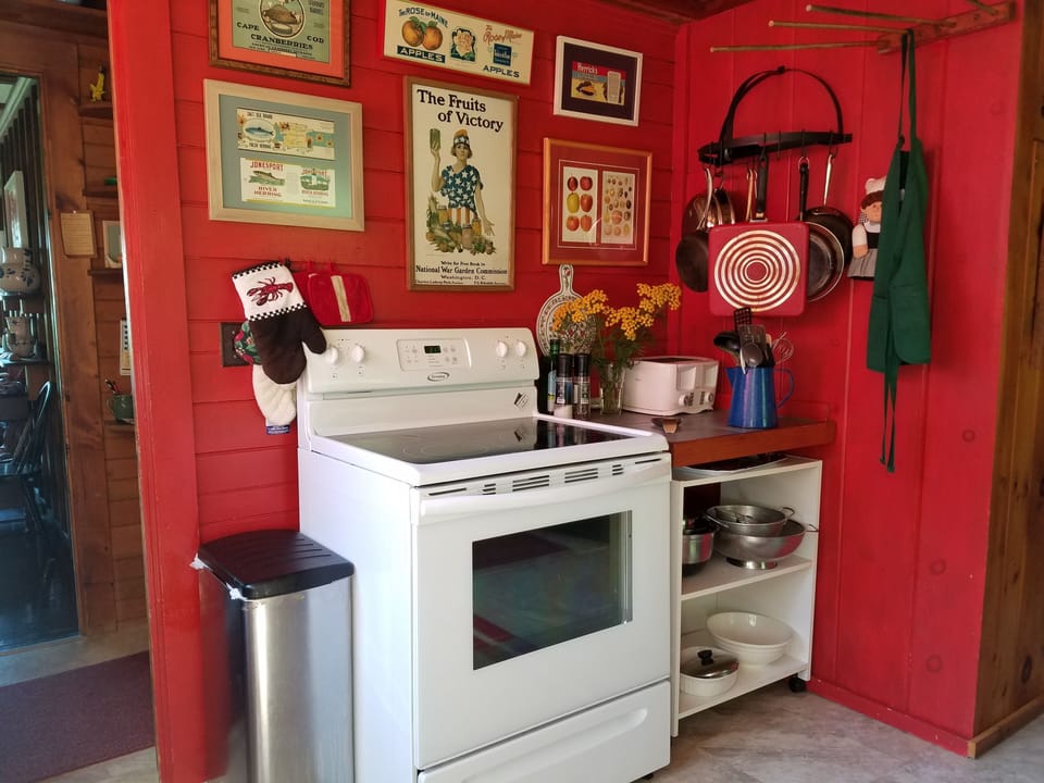 The recent glass topped electric range with a convenient counter and pot rack.