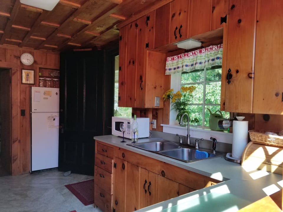 The well equipped kitchen includes a pantry, double bowl sink & microwave. 