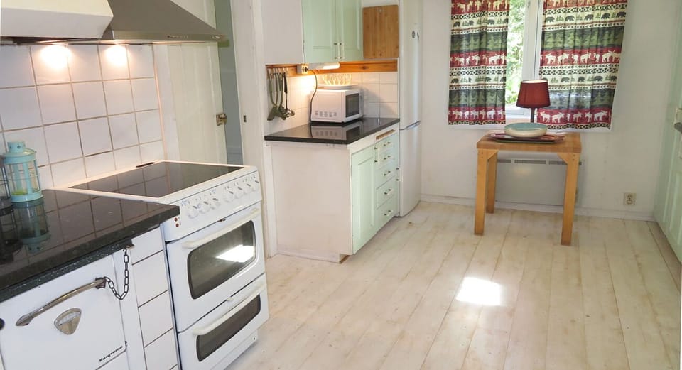 Large kitchen with white wood floor