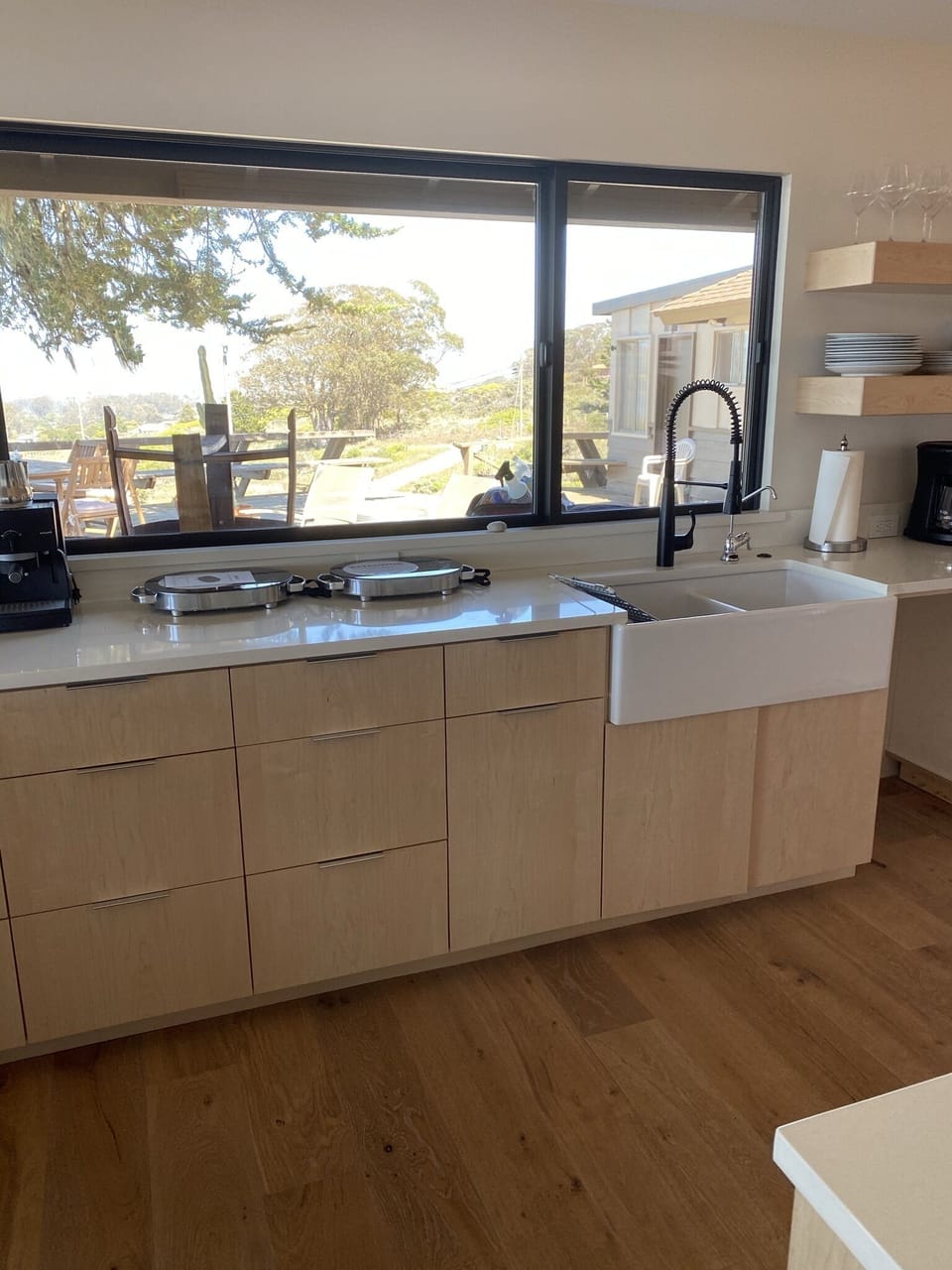kitchen with views of deck and Morro Bay