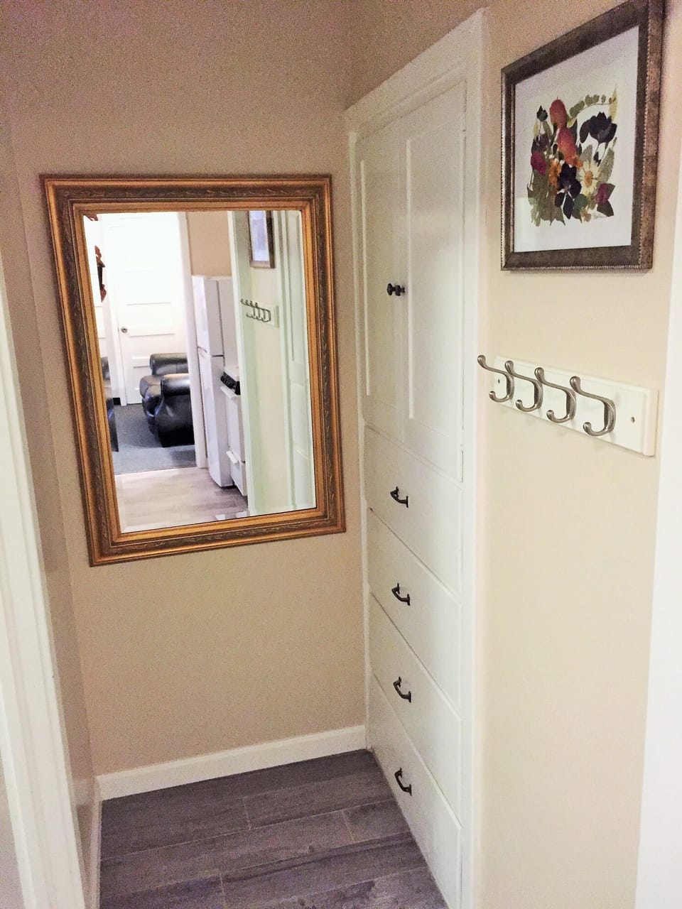 Storage shelves and draws in hallway.