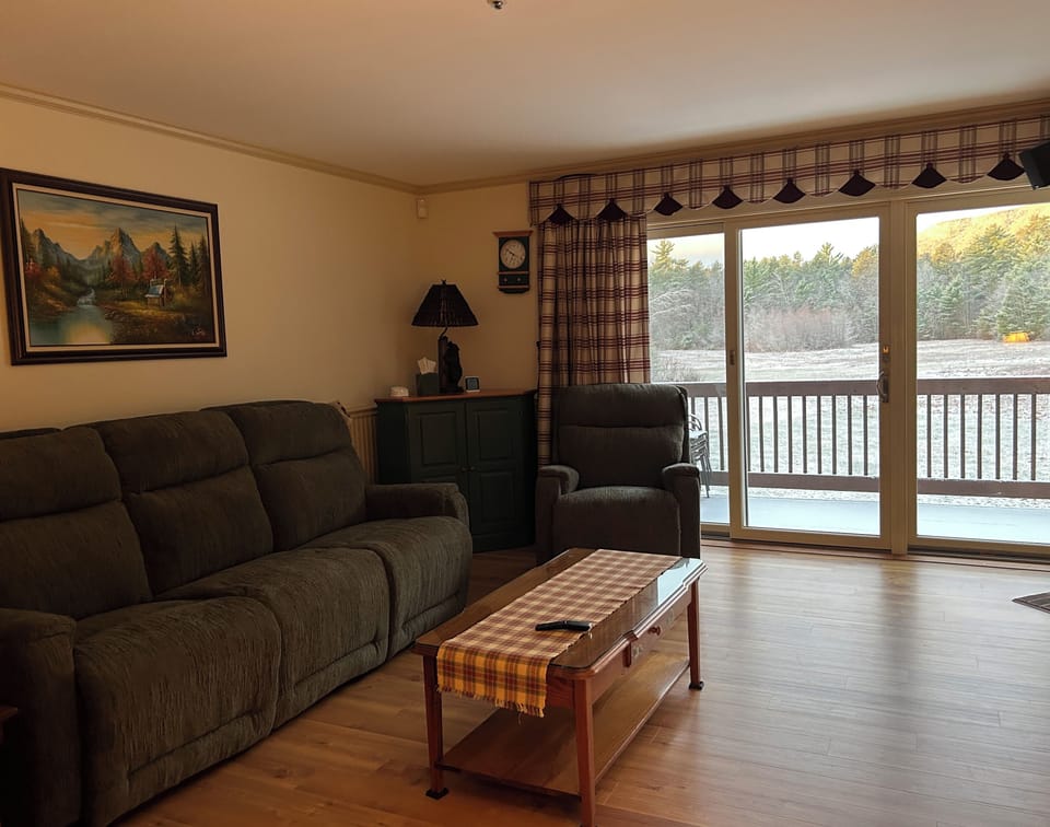 Updated main floor w/ new slider, flooring, reclining sofa, & swivel recliner.