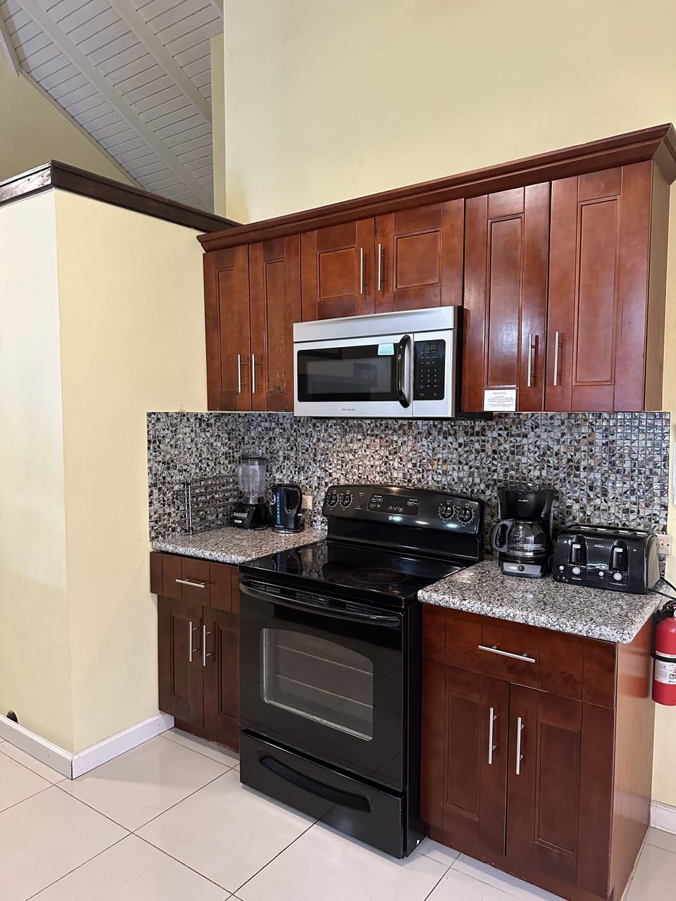 Coffee/tea maker, fridge, microwave, oven
