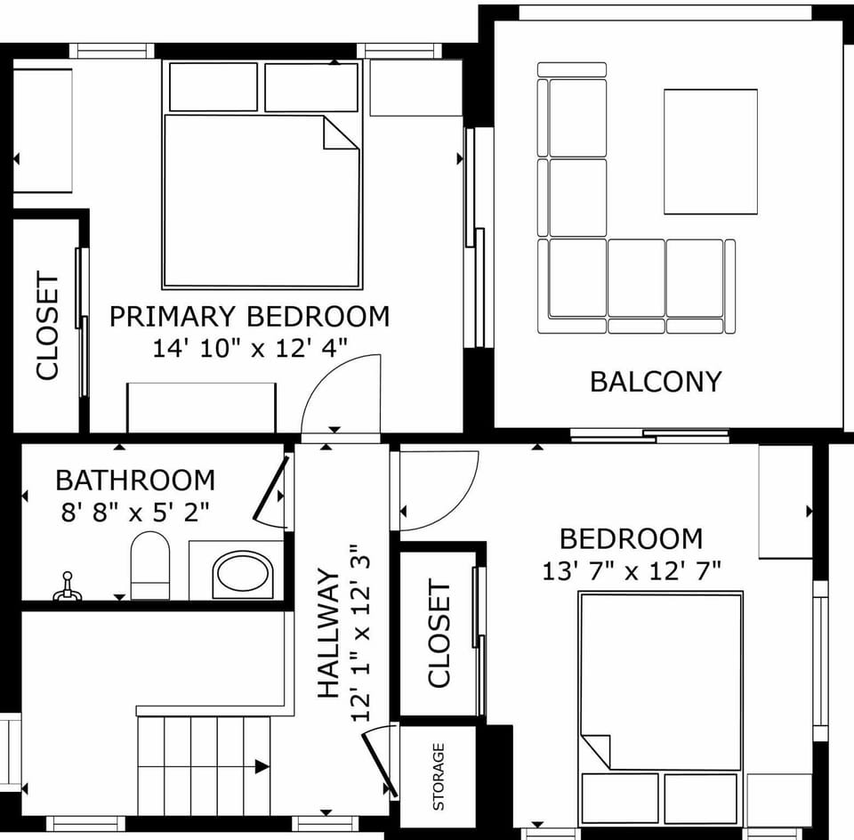 Floor plan of the second level showcasing the two bedrooms, balcony and bathroom