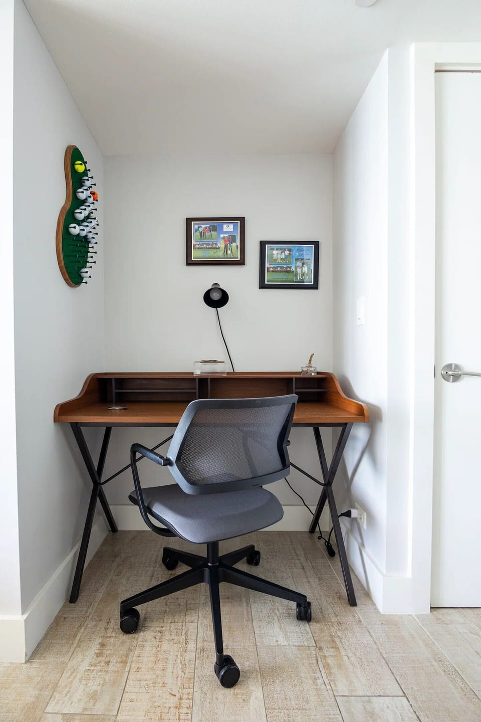 Work from home! Ergonomic work desk and chair with a task light.