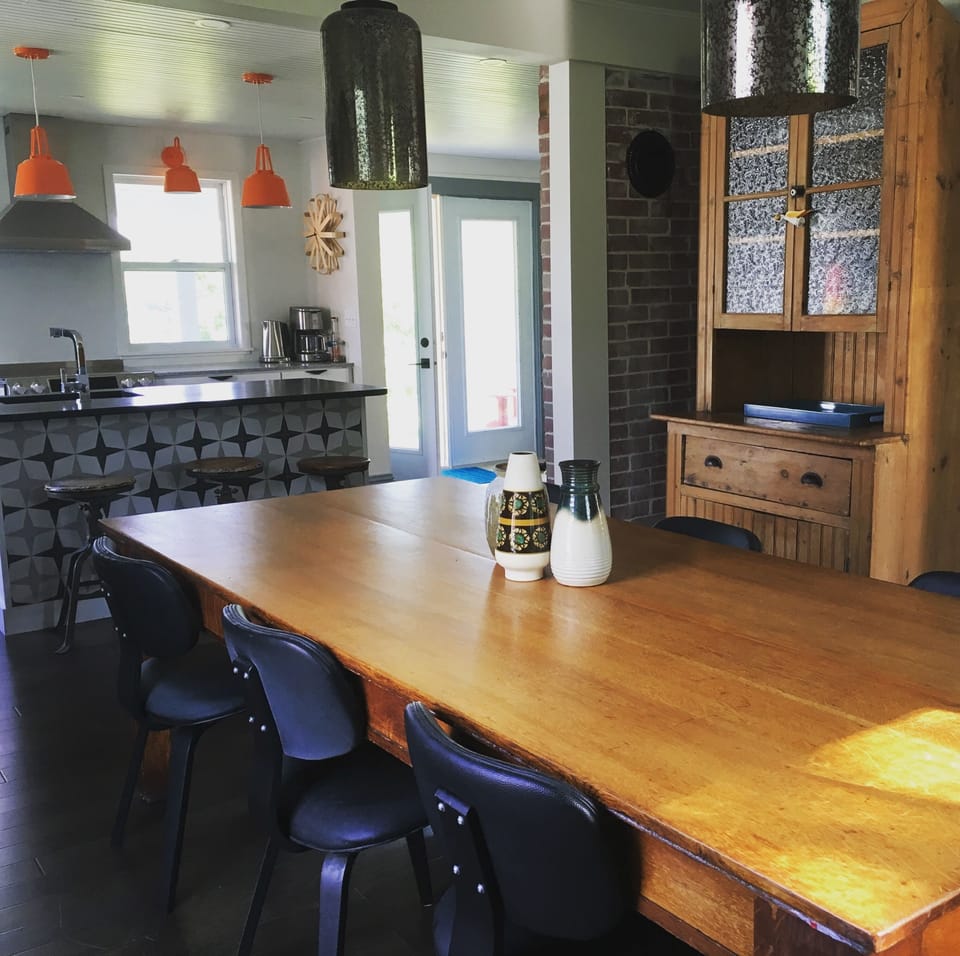 1800s harvest table and step-back cupboard