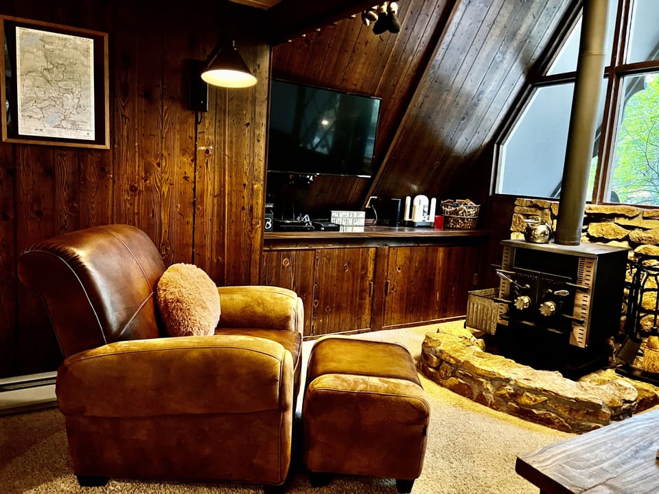 Living room with wood stove and smart tv.