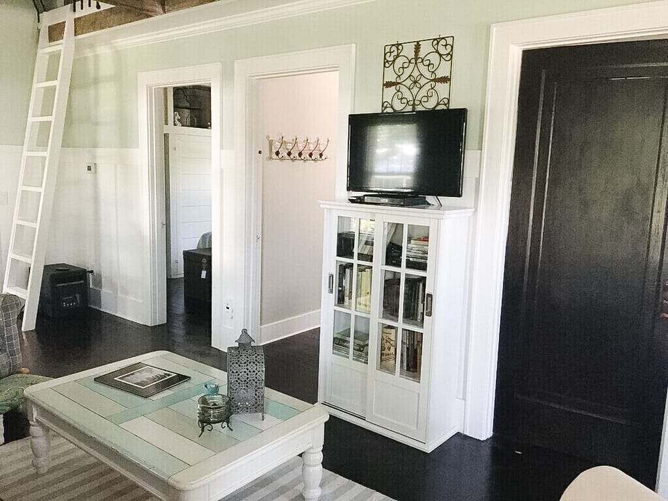 Living room- cable tv, DVD player, books, games, internet