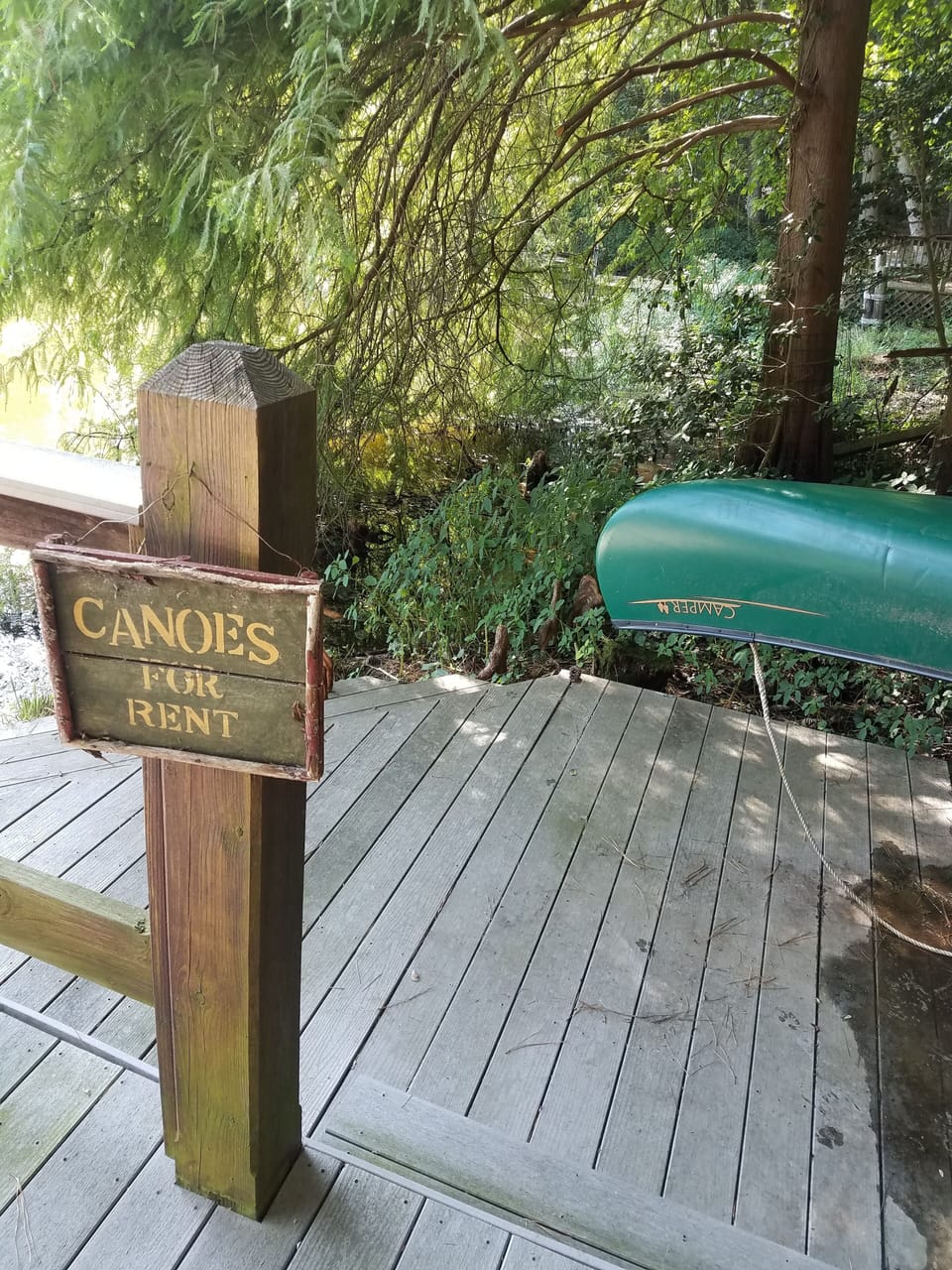 Canoe stored upside down.  Use at own risk and be sure to put it back on rack.