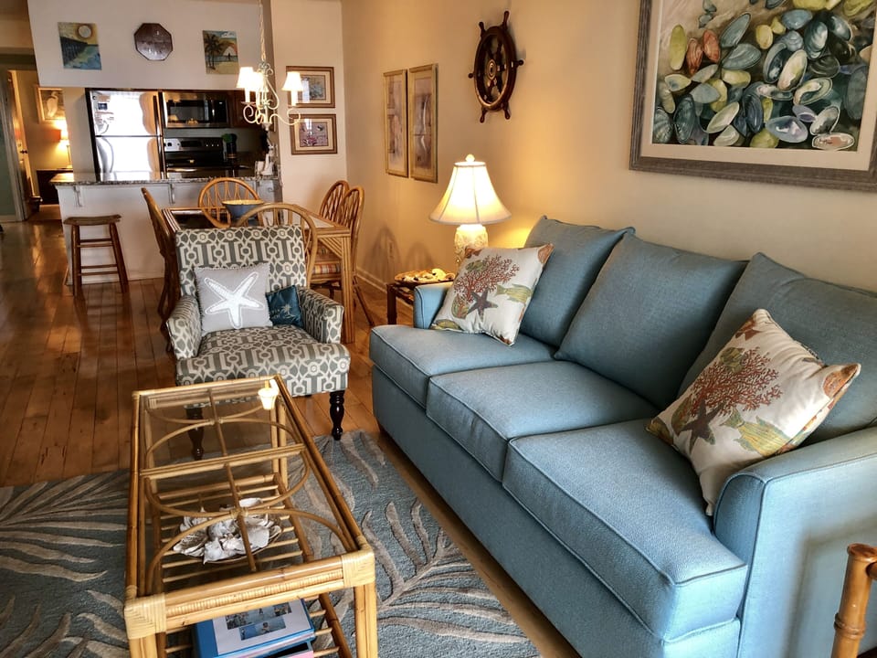 Brand new couch is comfortable and spacious.Open living and dining areas. 