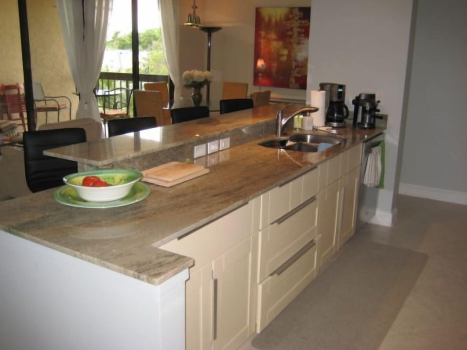 wide open kitchen, Counter is 10 feet long, coffee and expresso makers