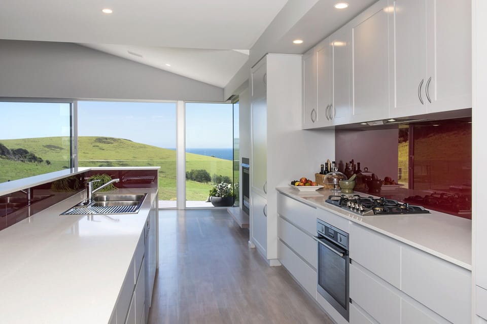 Kitchen looking North over the farm and Ocean. 