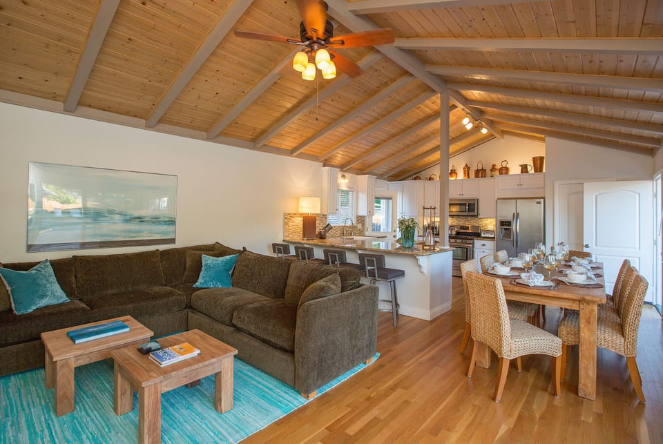 Guest House with vaulted ceilings~ full kitchen with breakfast bar~ Living area~ Dining area