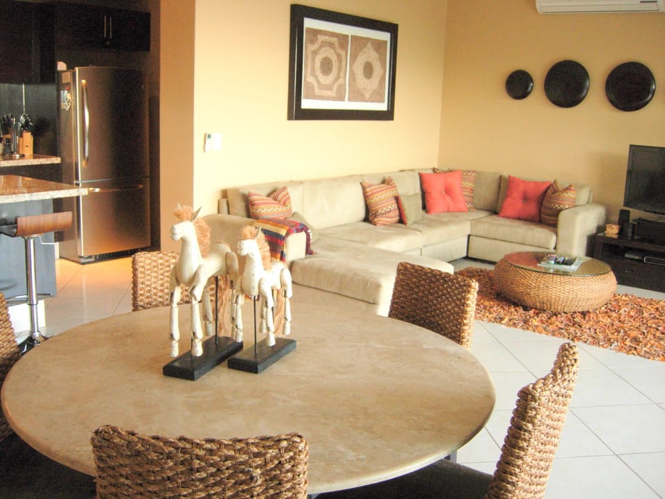 Dining table provides seating for six
