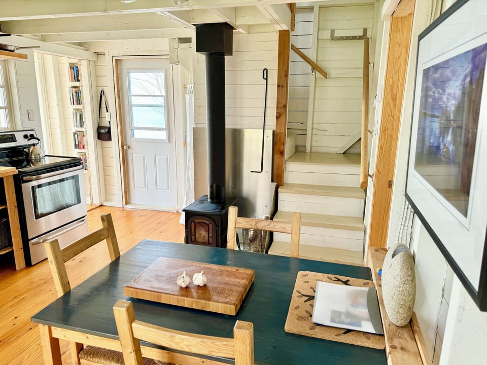 living / dining area: working wood stove, contemporary decor, lots of light