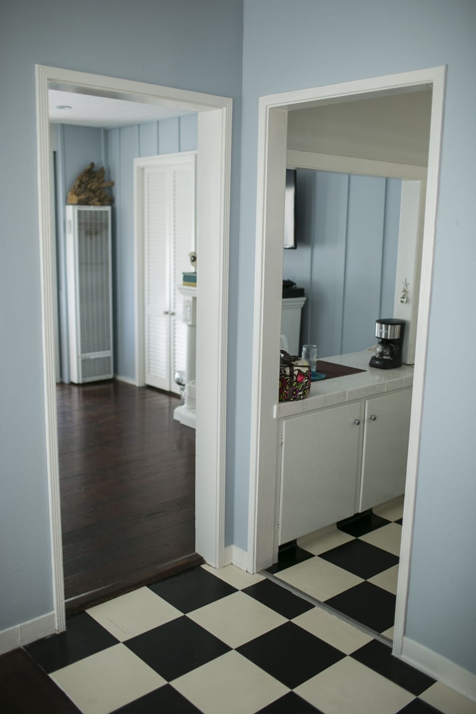 A view from the dining table. Living room to the left/kitchen to the right.