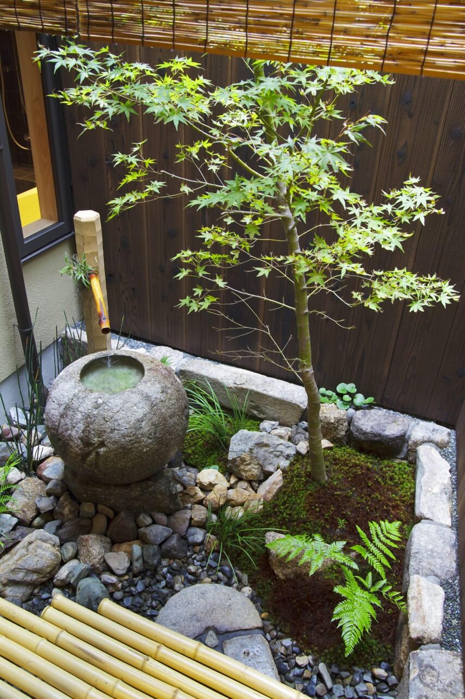 Tsuboniwa (townhouse garden) with Japanese maple tree and water feature
(Photo by Kodai Masuda)