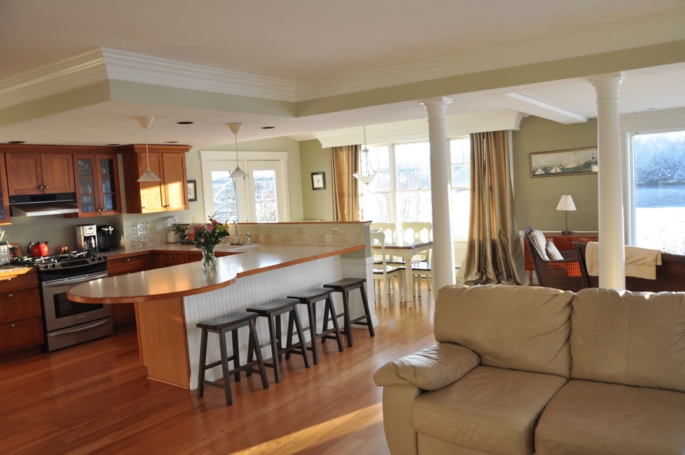 Open kitchen/dining/living area.