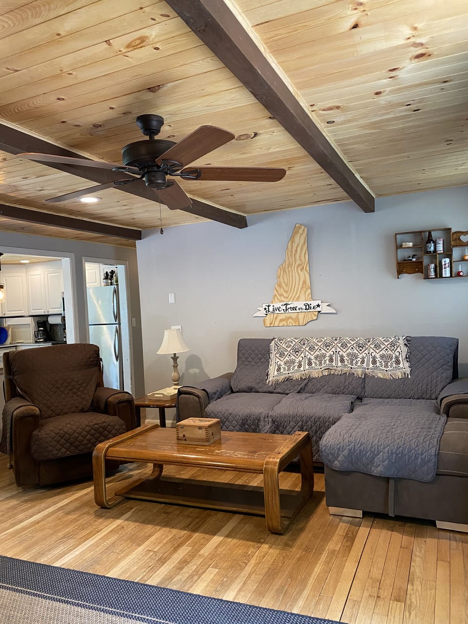 Living room. New couch with chaise lounge (2020) and La-Z-boy recliner.