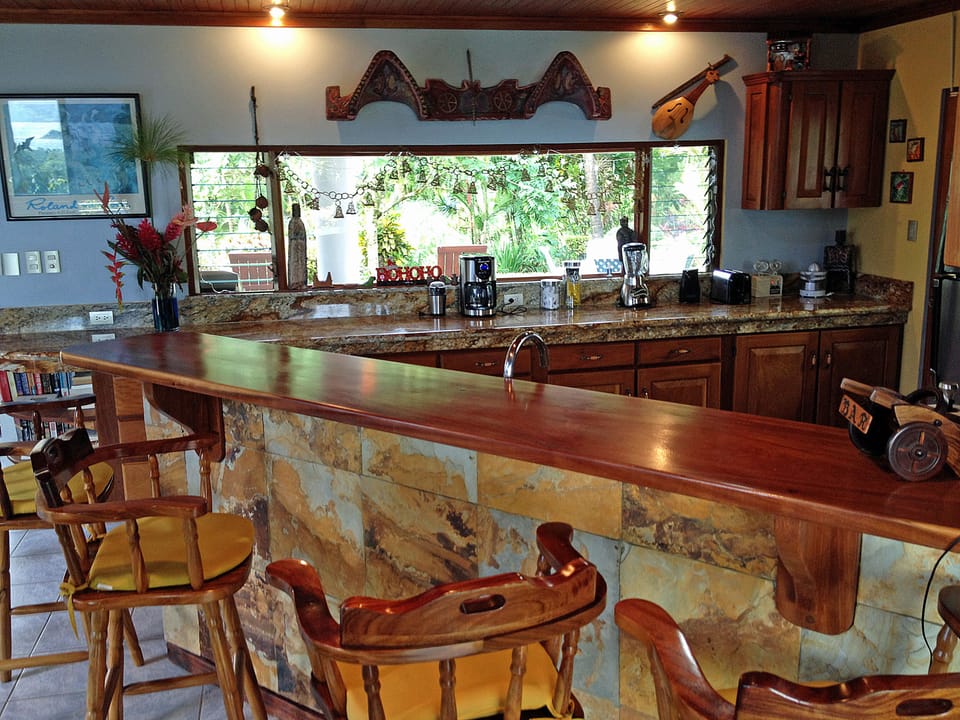 Wet Bar / Kitchen overlooking the Gardens/ Ponds and Lake Arenal.  