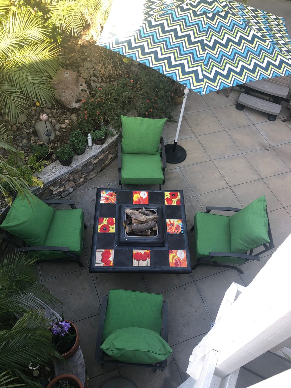 View of fire pit lounge area from top of your private bistro deck 