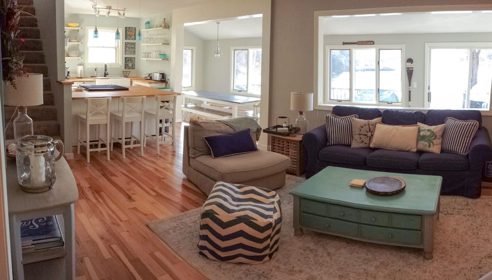 Open room design: living room, kitchen and porch (with dining and seating)