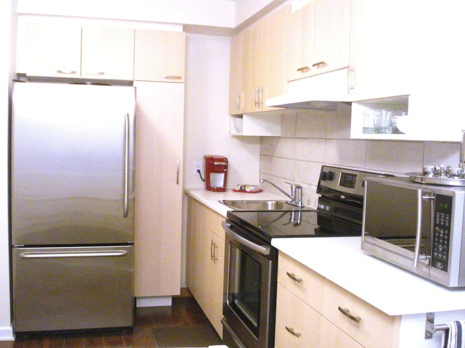 Complete with coffeemaker, toaster and microwave.