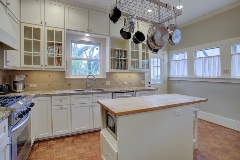 Oak kitchen island. Equipped with almost all a chef needs.
Microwave in island