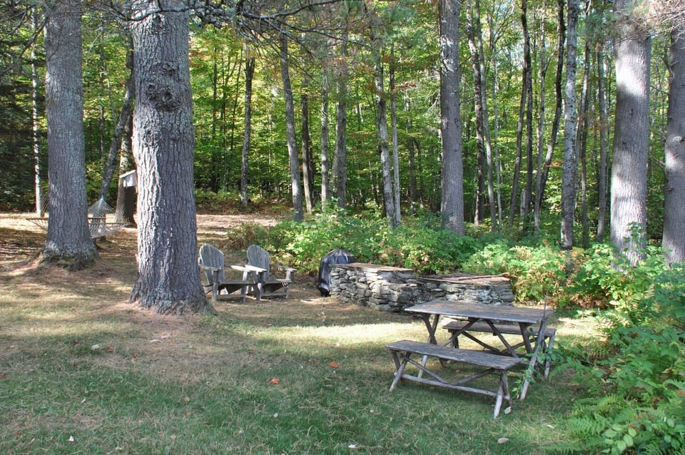 Back yard with stone fireplace, charcoal grill, picnic table, hammock