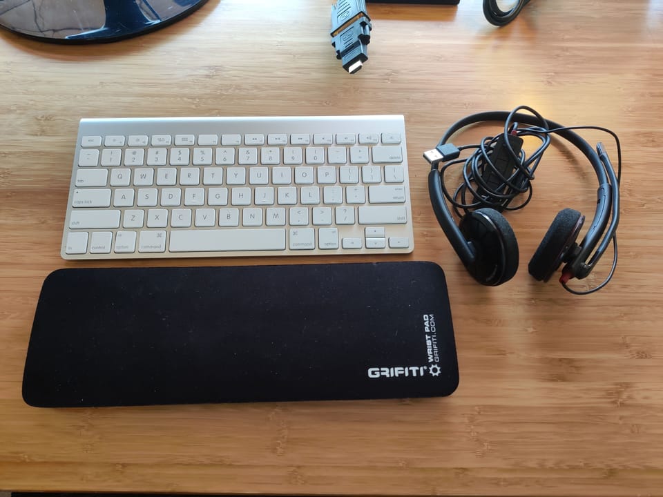 Headset, keyboard will be stored in the nightstand. 