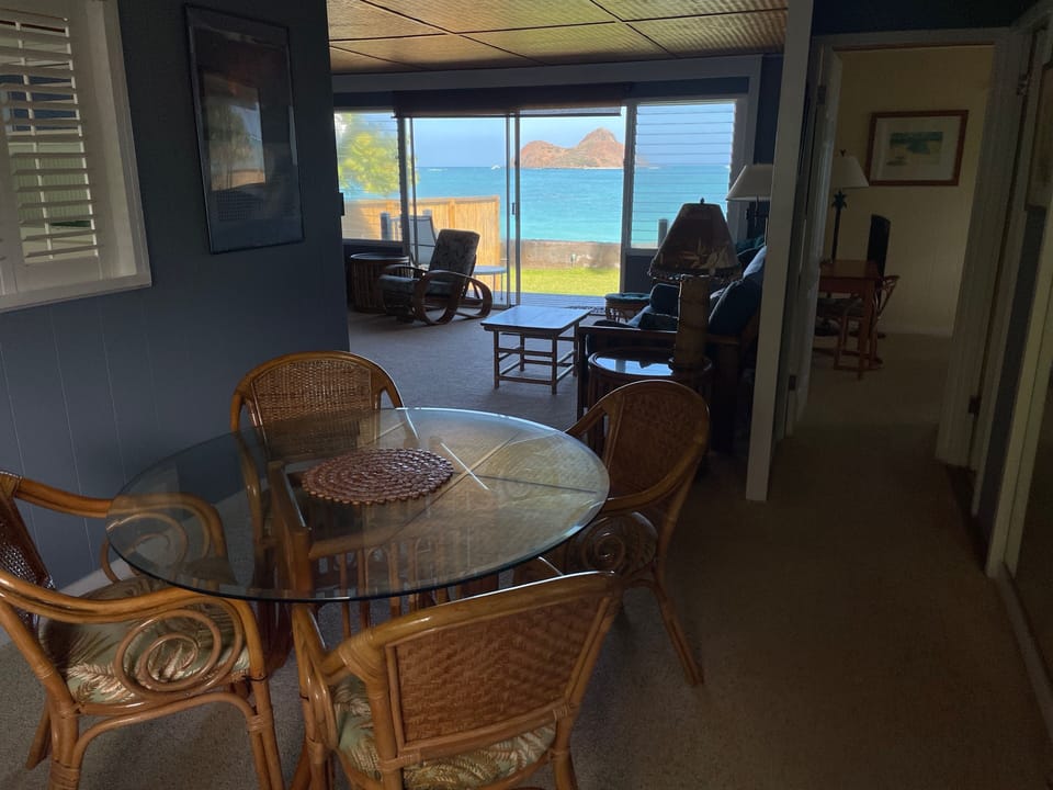 View from dining room with Mokes in background