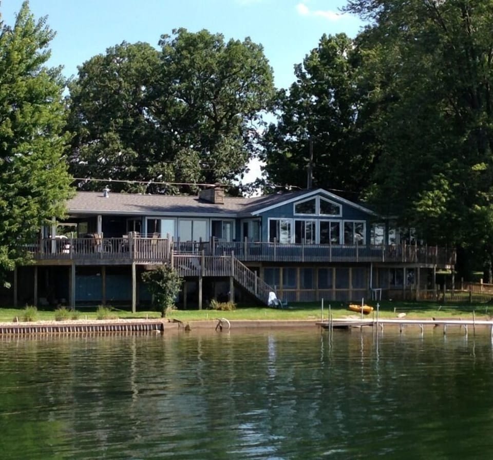 view of house from Lake.  Upper deck on left is same area as the sunset picture,