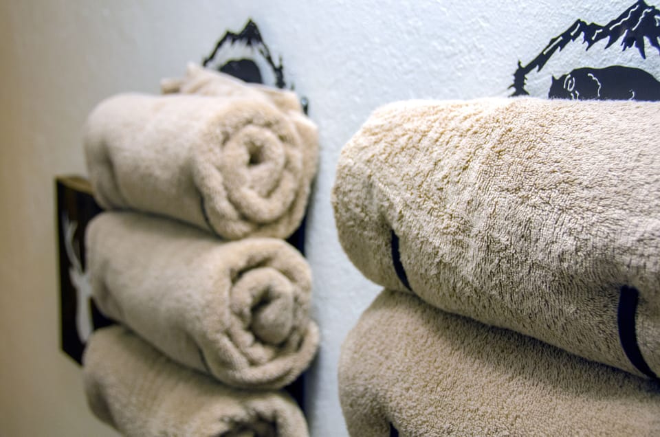 Towels, washcloths, hand towels, toilet paper, shampoo and body wash provided. 