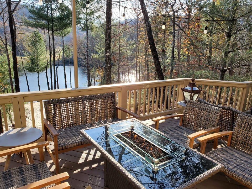 Views of beautiful Lake Disharoon from the expansive deck with Propane firepit