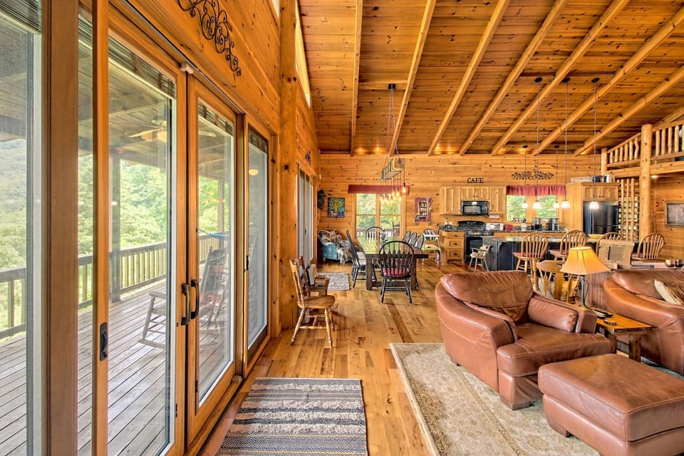 Porch, mountain views adjoin living area