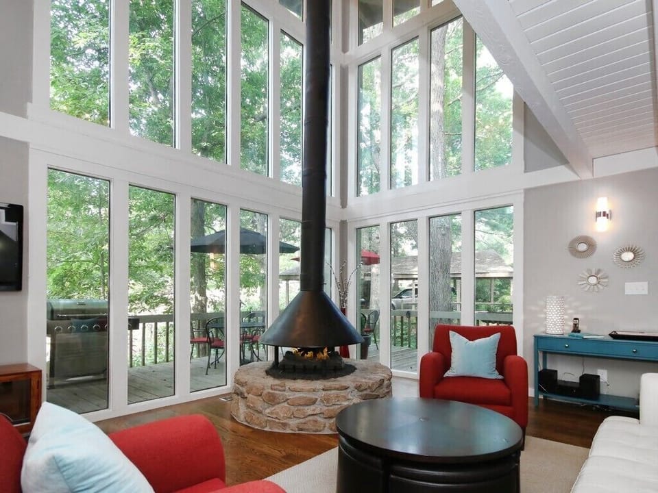 2nd Floor living area with unique remote controlled gas fireplace